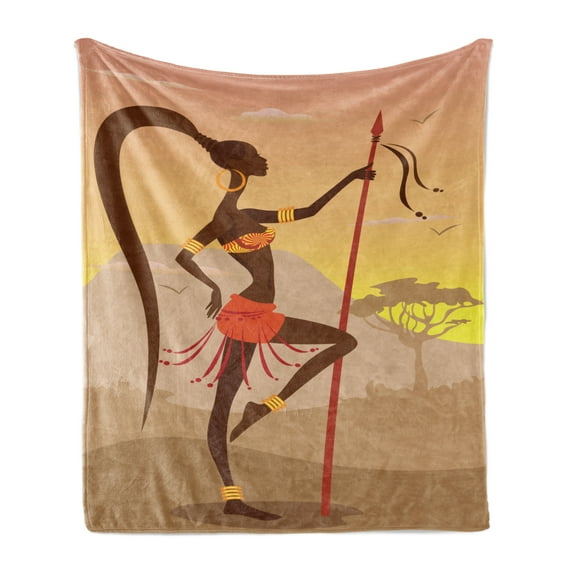 African Soft Flannel Fleece Throw Blanket, Savannah Lady Like Amazon Girl Standing for Hunt Safari Style Retro Folk Print, Cozy Plush for Indoor and Outdoor Use, 70" x 90", Brown Cocoa, by Ambesonne