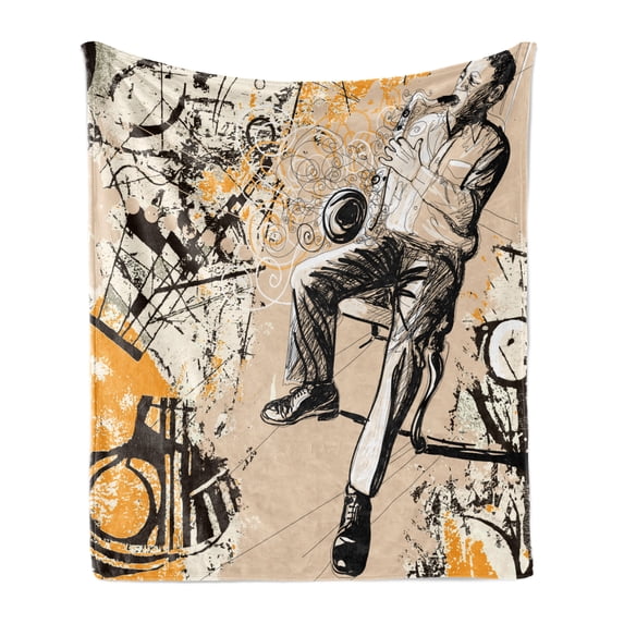 African Soft Flannel Fleece Throw Blanket, Saxophonist on Murky Backdrop Playing Music Rhythm Groovy Band Artwork, Cozy Plush for Indoor and Outdoor Use, 50" x 70", Marigold Tan Black, by Ambesonne