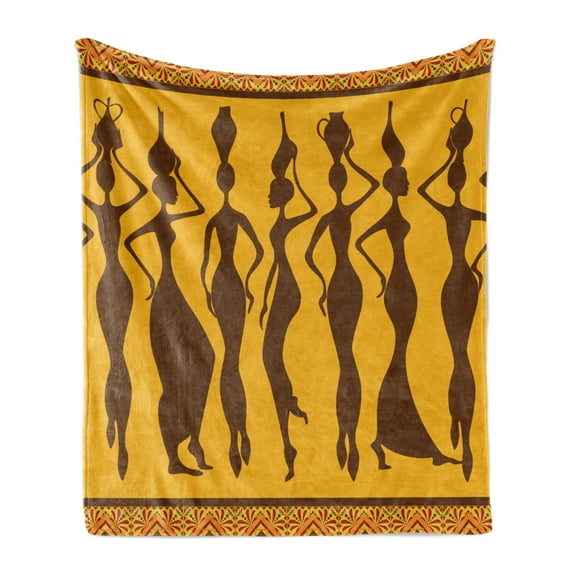 African Soft Flannel Fleece Throw Blanket, Silhouette of Female Bodies Exotic Design Savannah Women Artwork Print, Cozy Plush for Indoor and Outdoor Use, 70" x 90", Marigold and Brown, by Ambesonne