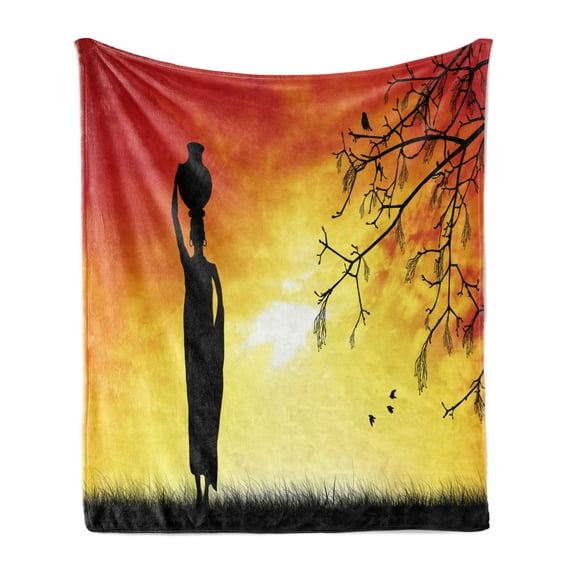 African Soft Flannel Fleece Throw Blanket, Silhouette of a Local Lady with Pot on the Head at Sunset Safari Illustration, Cozy Plush for Indoor and Outdoor Use, 50" x 60", Black Orange, by Ambesonne