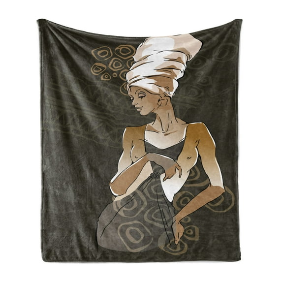 African Soft Flannel Fleece Throw Blanket, Sketch of Lady Geometric Doodles Print, Cozy Plush for Indoor and Outdoor Use, 60" x 80", Taupe Pale Brown, by Ambesonne