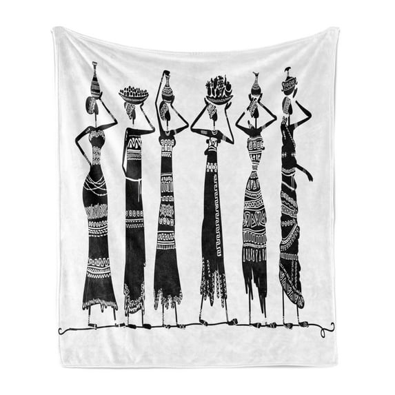 African Soft Flannel Fleece Throw Blanket, Sketch of Local Women Jugs Silhouettes Patterned Dresses, Cozy Plush for Indoor and Outdoor Use, 60" x 80", Black and White, by Ambesonne