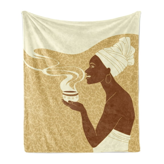 African Soft Flannel Fleece Throw Blanket, Smiling Happy Afro Lady with Hot Coffee Cup Cocoa Vintage, Cozy Plush for Indoor and Outdoor Use, 60" x 80", Brown Pale Brown Cream, by Ambesonne