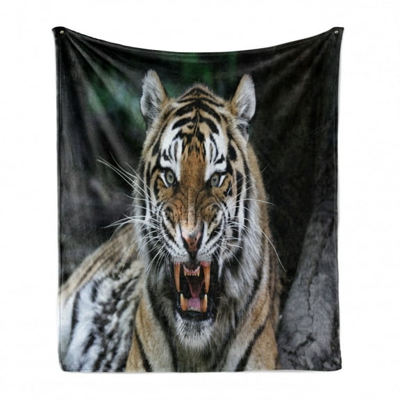 African Soft Flannel Fleece Throw Blanket, Tiger Face with Roaring Wildlife Safari Savannah Animal Nature Zoo Photo Print, Cozy Plush for Indoor and Outdoor Use, 50" x 60", Multicolor, by Ambesonne