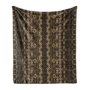African Soft Flannel Fleece Throw Blanket, Traditional Pattern Geometric Shapes Arrows Striped Tribal, Cozy Plush for Indoor and Outdoor Use, 60" x 80", Earth Yellow Bluegrey, by Ambesonne
