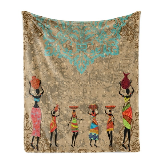 African Soft Flannel Fleece Throw Blanket, Vintage Girls Pots on the Head on Folkloric Boho Background Illustration, Cozy Plush for Indoor and Outdoor Use, 50" x 70", Seafoam Cocoa, by Ambesonne