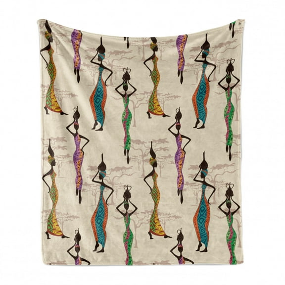 African Soft Flannel Fleece Throw Blanket, Vintage Ladies in Local Traditional Dress with Jugs on the Heads Artwork, Cozy Plush for Indoor and Outdoor Use, 60" x 80", Multicolor, by Ambesonne