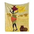 thumbnail image 1 of African Soft Flannel Fleece Throw Blanket, Vintage Landscape Local Woman Elephants Sun Hand Writing, Cozy Plush for Indoor and Outdoor Use, 50" x 70", Multicolor, by Ambesonne, 1 of 6