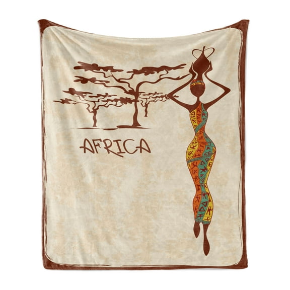 African Soft Flannel Fleece Throw Blanket, Vintage Themed Illustration Slim Indigenous Girl Colorful Dress, Cozy Plush for Indoor and Outdoor Use, 50" x 60", Multicolor, by Ambesonne
