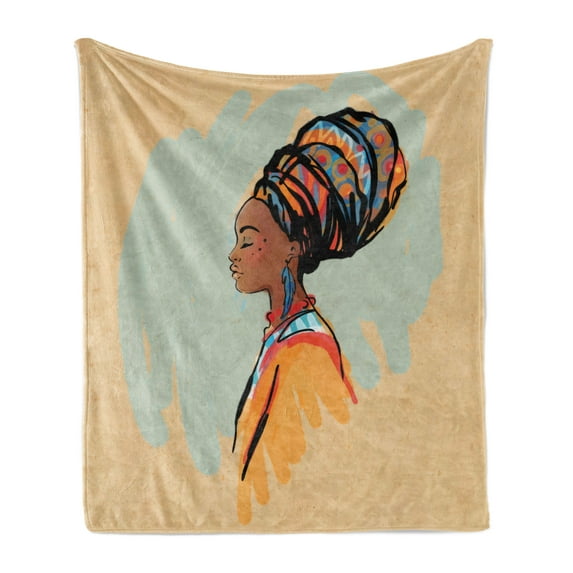 African Soft Flannel Fleece Throw Blanket, Watercolor Profile Portrait of Native Woman Hairdo and Earrings, Cozy Plush for Indoor and Outdoor Use, 50" x 70", Multicolor, by Ambesonne