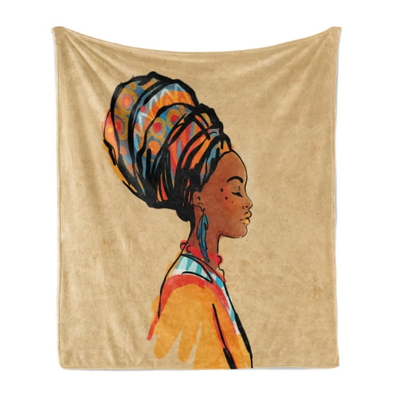 African Soft Flannel Fleece Throw Blanket, Woman Exotic Feather Earring and Scarf Zulu Hippie Artwork, Cozy Plush for Indoor and Outdoor Use, 50" x 60", Caramel and Marigold, by Ambesonne
