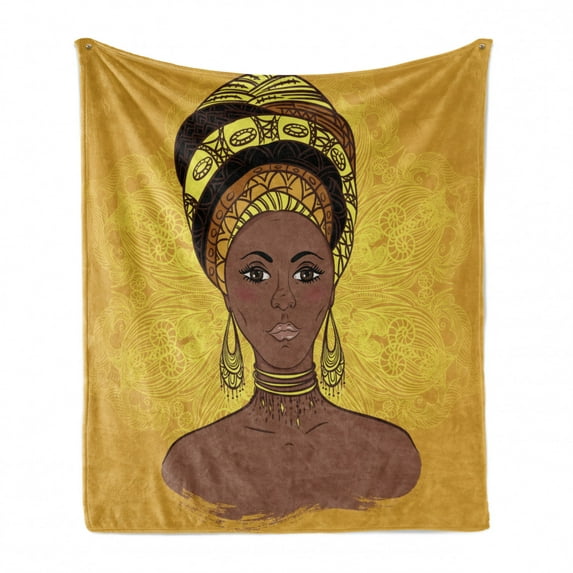 African Soft Flannel Fleece Throw Blanket, Woman Portrait in Turban Ornate Mandala Inspired Round Motif, Cozy Plush for Indoor and Outdoor Use, 50" x 70", Yellow Brown Cocoa, by Ambesonne