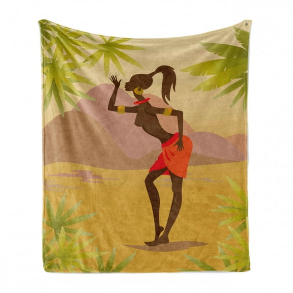 African Soft Flannel Fleece Throw Blanket, Young Zulu Girl in Exotic Nature Tree Leaves Mountains Folkloric Clothing, Cozy Plush for Indoor and Outdoor Use, 50" x 60", Multicolor, by Ambesonne