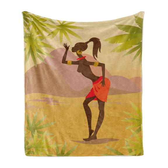 African Soft Flannel Fleece Throw Blanket, Young Zulu Girl in Exotic Nature Tree Leaves Mountains Folkloric Clothing, Cozy Plush for Indoor and Outdoor Use, 70" x 90", Multicolor, by Ambesonne