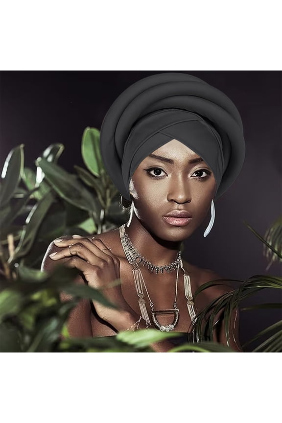 African Soild Color Pre-Tied Headwrap for Women, Braid Design Headscarf Turban Cap, Adjustable Stretchy Beanie for Wedding, Church, and Casual Style Black