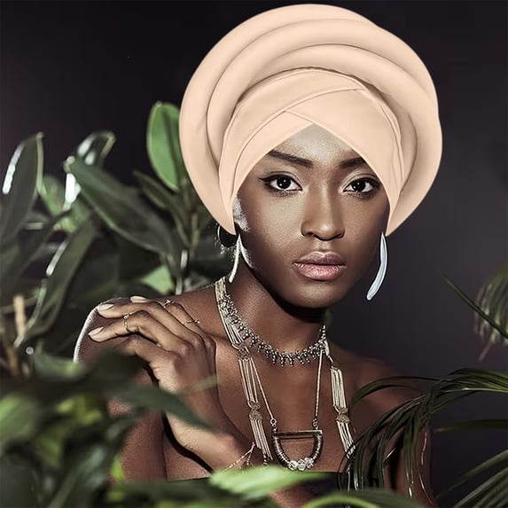 African Soild Color Pre-Tied Headwrap for Women, Braid Design Headscarf Turban Cap, Adjustable Stretchy Beanie for Wedding, Church, and Casual Style Khaki
