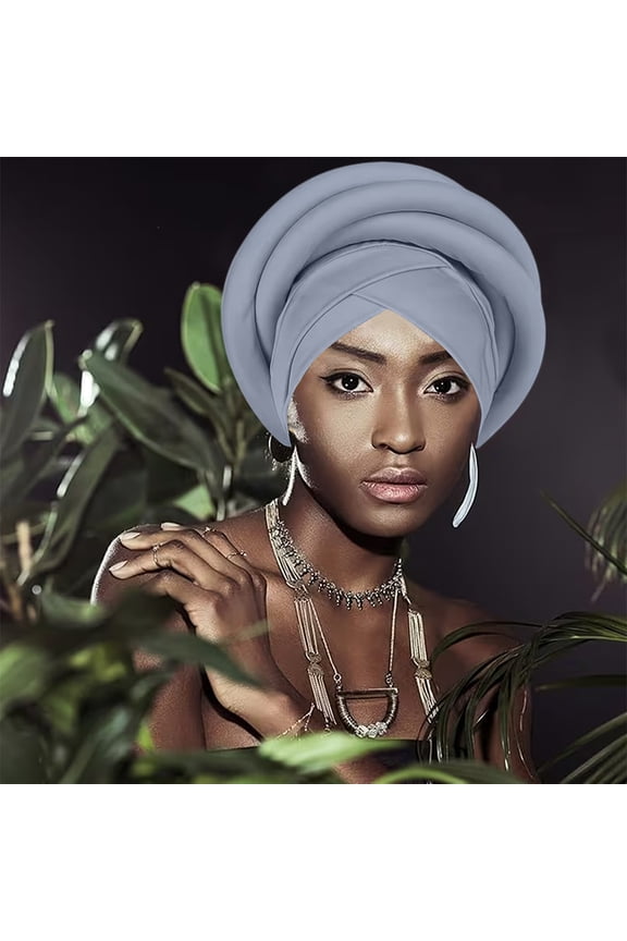 African Soild Color Pre-Tied Headwrap for Women, Braid Design Headscarf Turban Cap, Adjustable Stretchy Beanie for Wedding, Church, and Casual Style Light Ashy