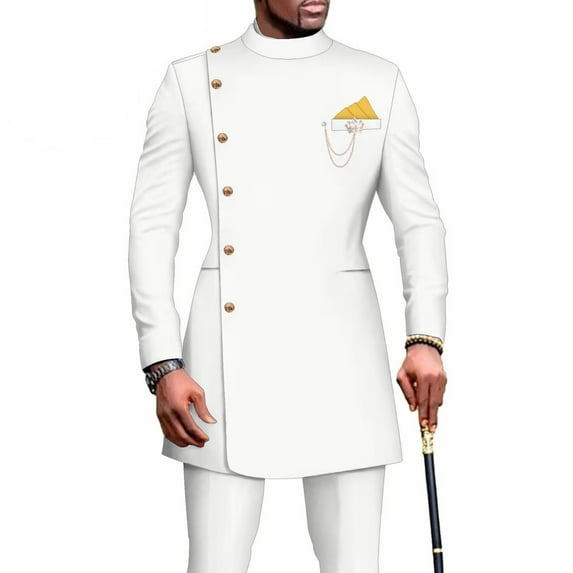 African Solid Color Men's Casual Suit Long Sleeved Tops and Pants Set Party Clothing