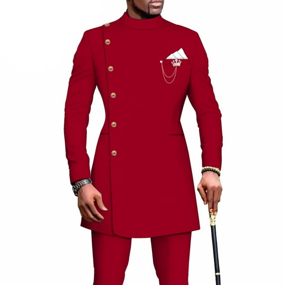 African Solid Color Men's Casual Suit Long Sleeved Tops and Pants Set Party Clothing