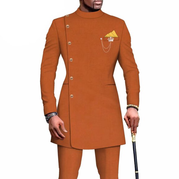 African Solid Color Men's Casual Suit Long Sleeved Tops and Pants Set Party Clothing