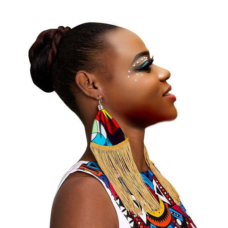 African Statement Earrings Golden Tassel Oversized Boho Kente