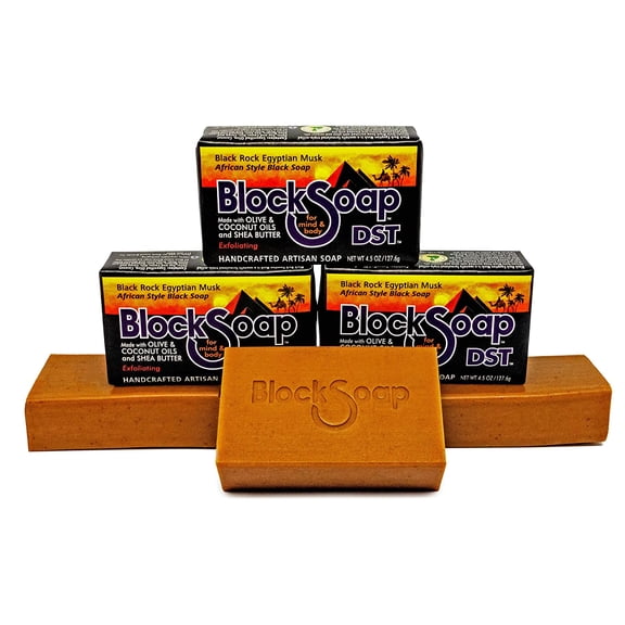 African Style Artisan Black Bar Soap with Sea Salt, Olive Oil, Coconut Oil and Shea Butter - Black Rock Egyptian Musk 3-Pack (4.5oz each)