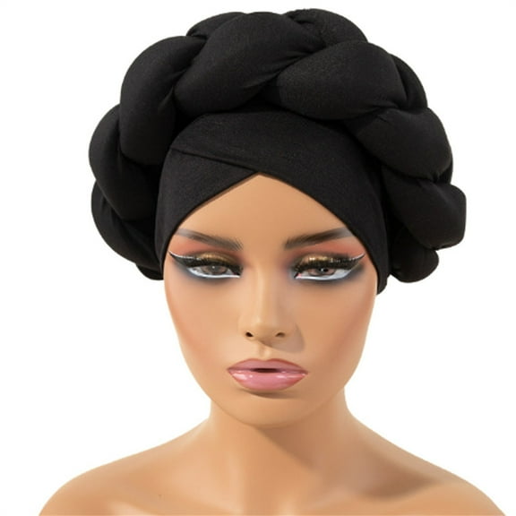 African Style Braid Turban Hat, Milk Silk Pre-Tied Headwrap with Long Braid, Stretchy Head Cover for Women, Elegant Head Scarf for Fashion and Sleeping - Black