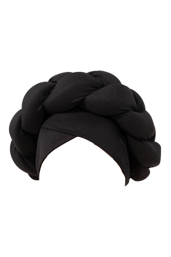 African Style Braid Turban Hat, Milk Silk Pre-Tied Headwrap with Long Braid, Stretchy Head Cover for Women, Elegant Head Scarf for Fashion and Sleeping - Black