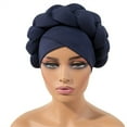 thumbnail image 1 of African Style Braid Turban Hat, Milk Silk Pre-Tied Headwrap with Long Braid, Stretchy Head Cover for Women, Elegant Head Scarf for Fashion and Sleeping - Navy, 1 of 4