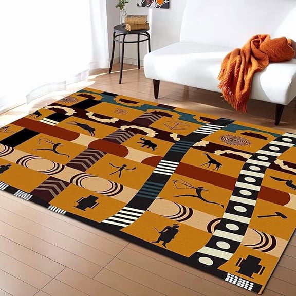 African Style Culture Giraffe Area Rug, Primitive Tribe Hunting Living Room Rugs, Indoor Non-Slip Kids Rugs, Machine Washable Breathable Durable Carpet for Front Entrance Floor Decor 3 x 4ft