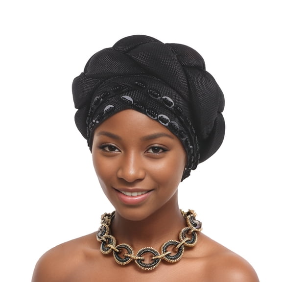 African-Style Hand-Embroidered Braided Turban Headwrap with Sequin Bead Trim for Women