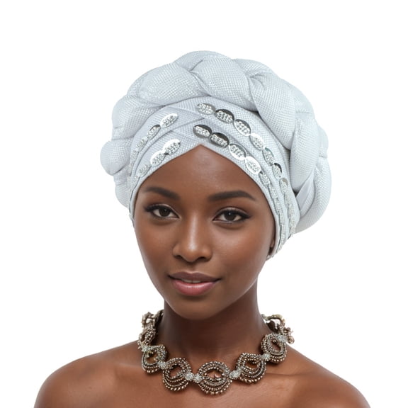African-Style Hand-Embroidered Braided Turban Headwrap with Sequin Bead Trim for Women