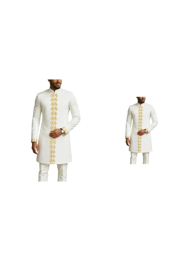 African Style Wedding Embroidered Round Neck Long Sleeve Top With Pants Two Piece Formal Attire For Groom Men's Traditional Dashiki Suit Slim Fit