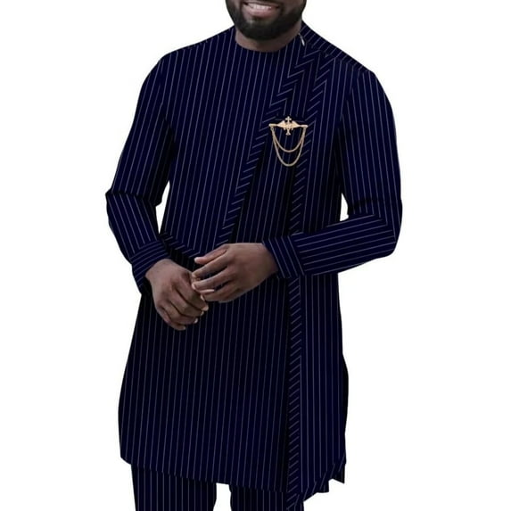 African Suit for Men Traditional Dashiki Stripe Blazer and Pants 2 Piece Set Business Dress Suit Party Wedding Evening