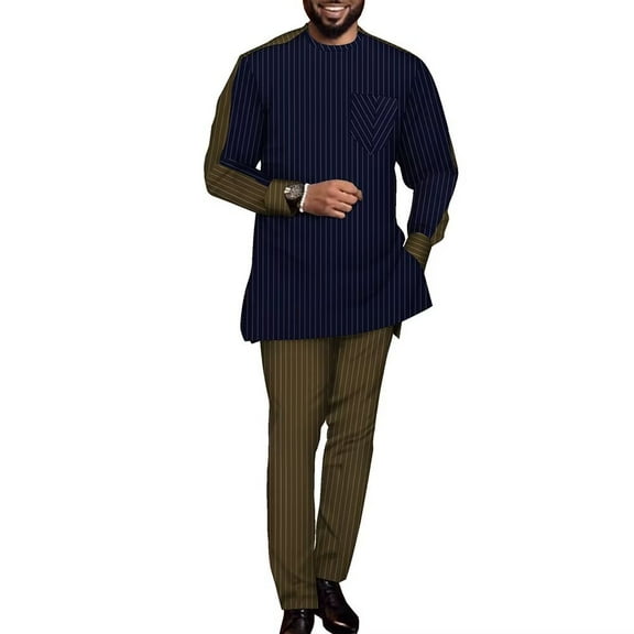 African Suit for Men Traditional Dashiki Stripe Blazer and Pants 2 Piece Set Party Wedding Evening Men Suit
