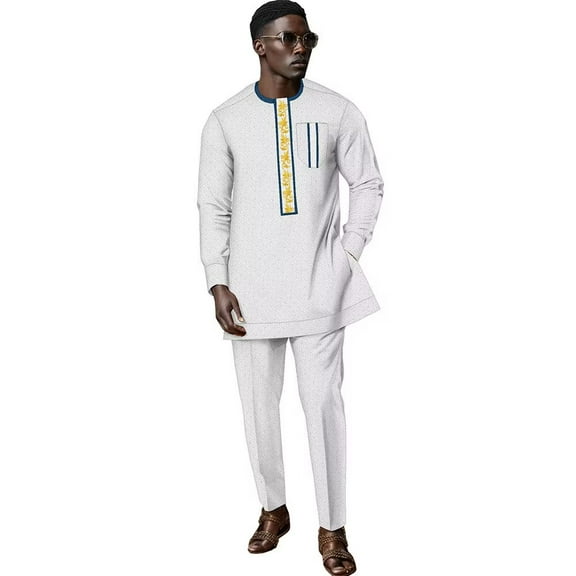 African Suit for Men Traditional Jacquard Bazin Tops and Pants 2 Piece Set Party Wedding Evening Men Suit