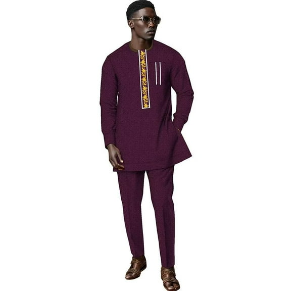 African Suit for Men Traditional Jacquard Bazin Tops and Pants 2 Piece Set Party Wedding Evening Men Suit