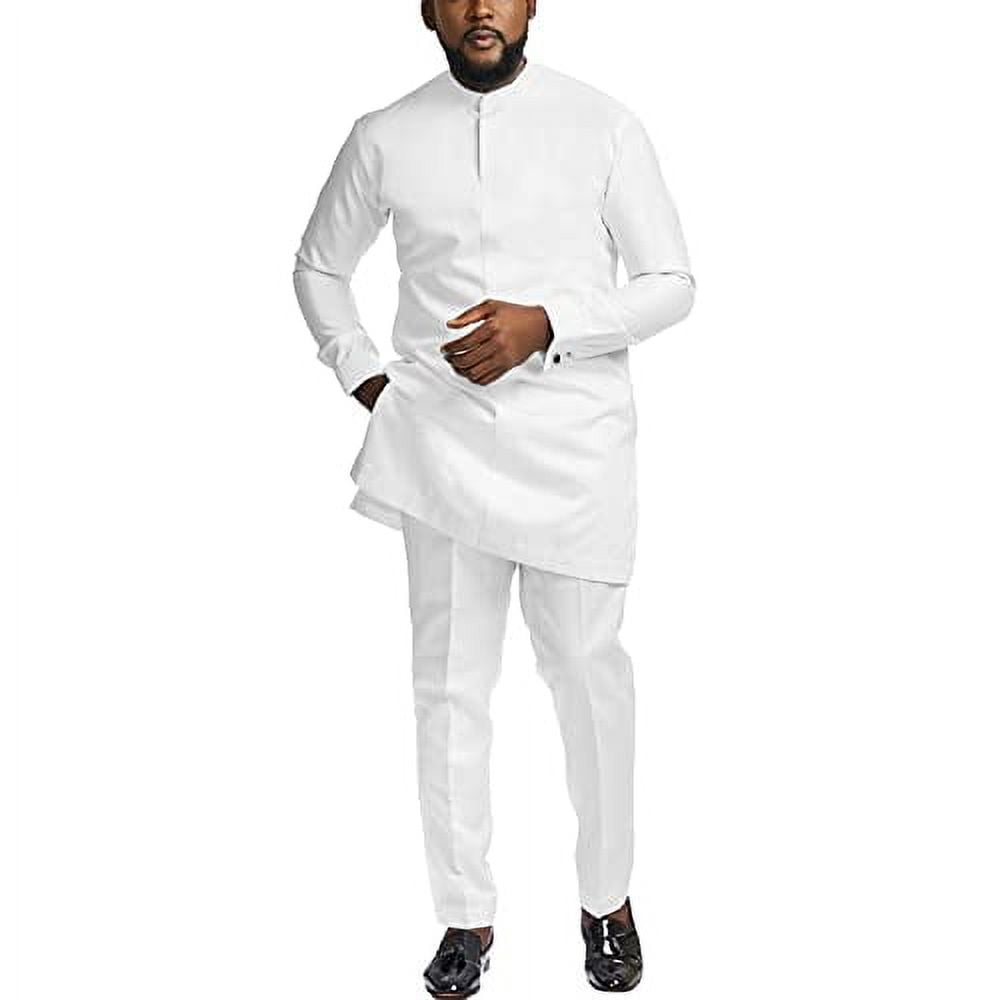 Luxury Mens Slim Fit Formal Dashiki Inspired Suit Two Piece Tuxedo w/ Gold Chain & Buttons, and Kerchief - Blue
