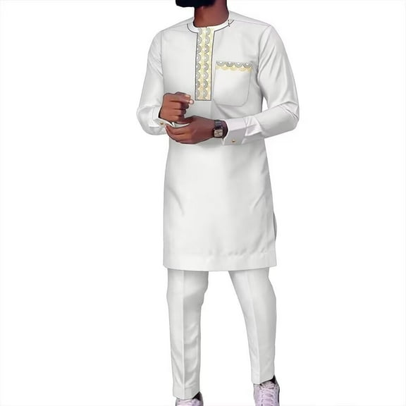 African Suits for Men Wedding Dashiki Outfits Embroidery Mens African Formal Attire 2 Piece Nigerian Clothes O-Neck