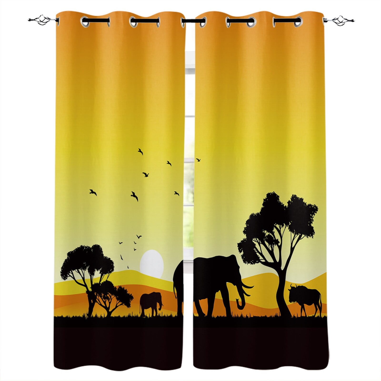 African Sunset Landscape Animal Elephant Curtains for Living Room Kids