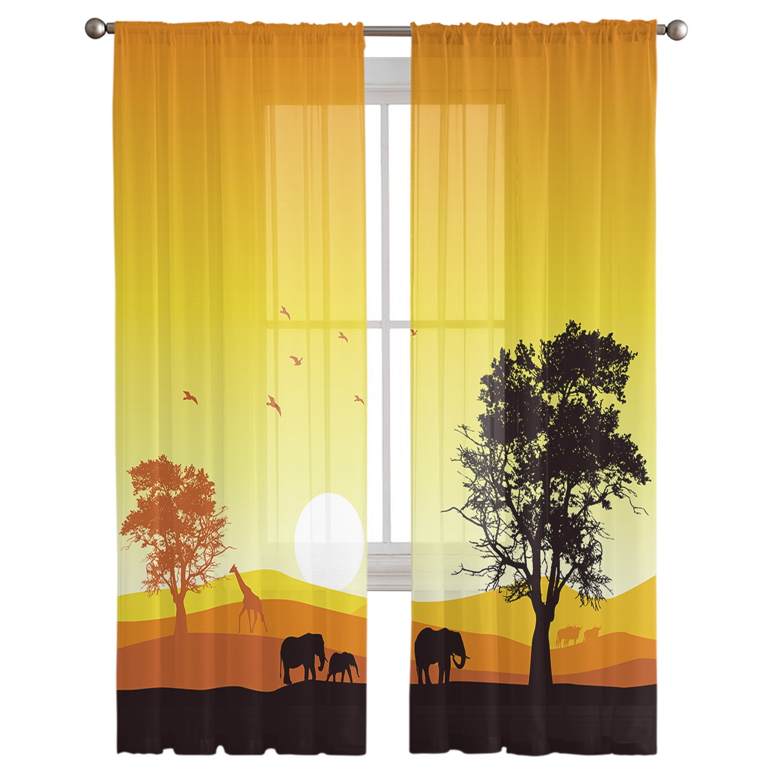 African Sunset Landscape Animal Elephant Giraffe Sheer Curtains for