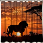 African Sunset Lion Silhouette Shower Curtain Strength & Power Nature Print Vibrant Colors Wildlife Beauty Photography