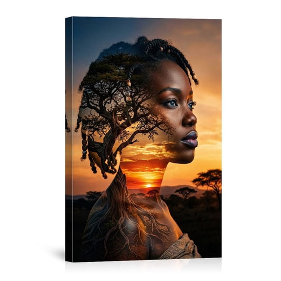 African Sunset Nature Infused Woman Portrait Spiritual Tree Roots Unique Ethnic Home Canvas