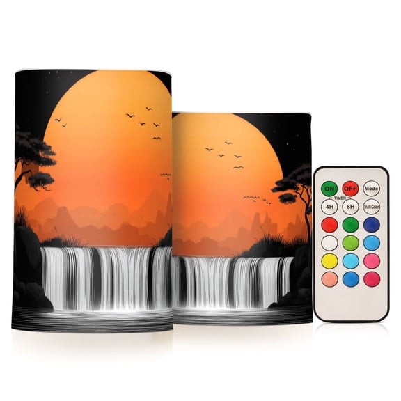 African Sunset with Waterfall Flickering Flameless LED Candles set of 2 Battery Operated 18-Key Remotes Timer Halloween Fall Decor D3''xH4''5''