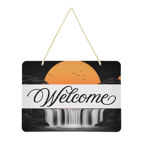African Sunset with Waterfall Welcome Sign Front Door PVC 14x10 inch Hanger Hello Sign Farmhouse Wall Porch Home Outside Decor