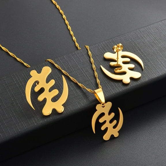 African Symbol Necklaces Stud Earrings Sets 14k Yellow Gold Adinkra Gye Nyame Ethnic Jewelry Sets