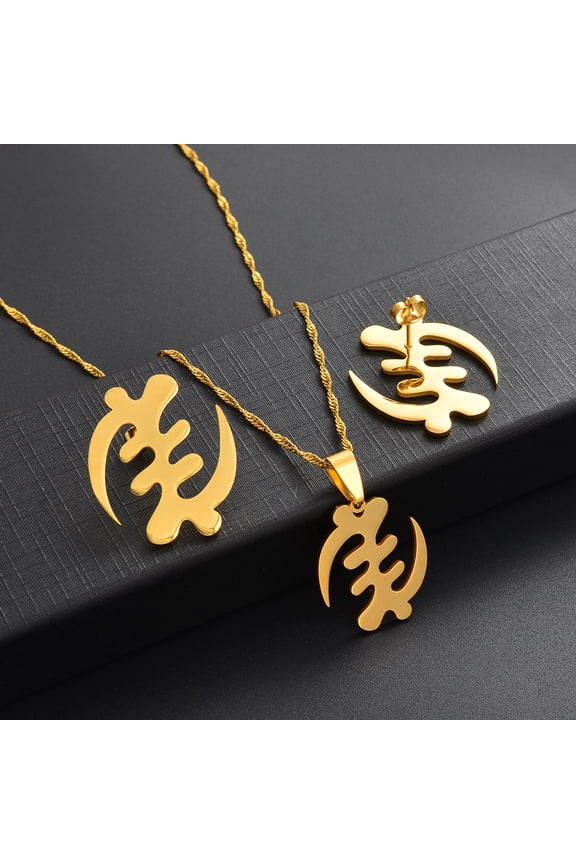 African Symbol Necklaces Stud Earrings Sets 14k Yellow Gold Adinkra Gye Nyame Ethnic Jewelry Sets