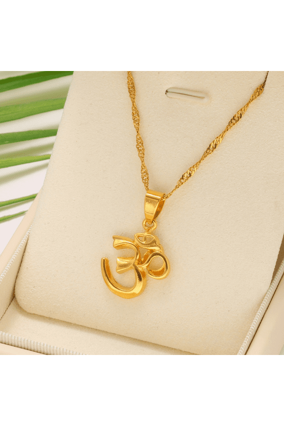 African Symbol Small Yoga Charm 14K Yellow Gold Necklace Pendant for Men's And Women,Hindoo Hindu Buddhist OM India Religion