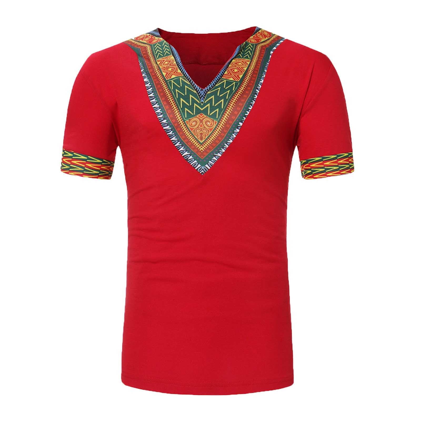 African T-Shirt for Men's Dashiki Tribal Floral Print V Neck Slim