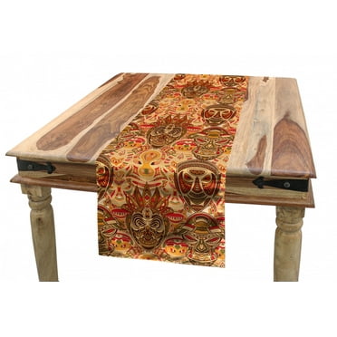 African Table Runner, Mask Motif with Pattern Design, Dining Room Kitchen Rectangular Runner, 3 Sizes, by Ambesonne